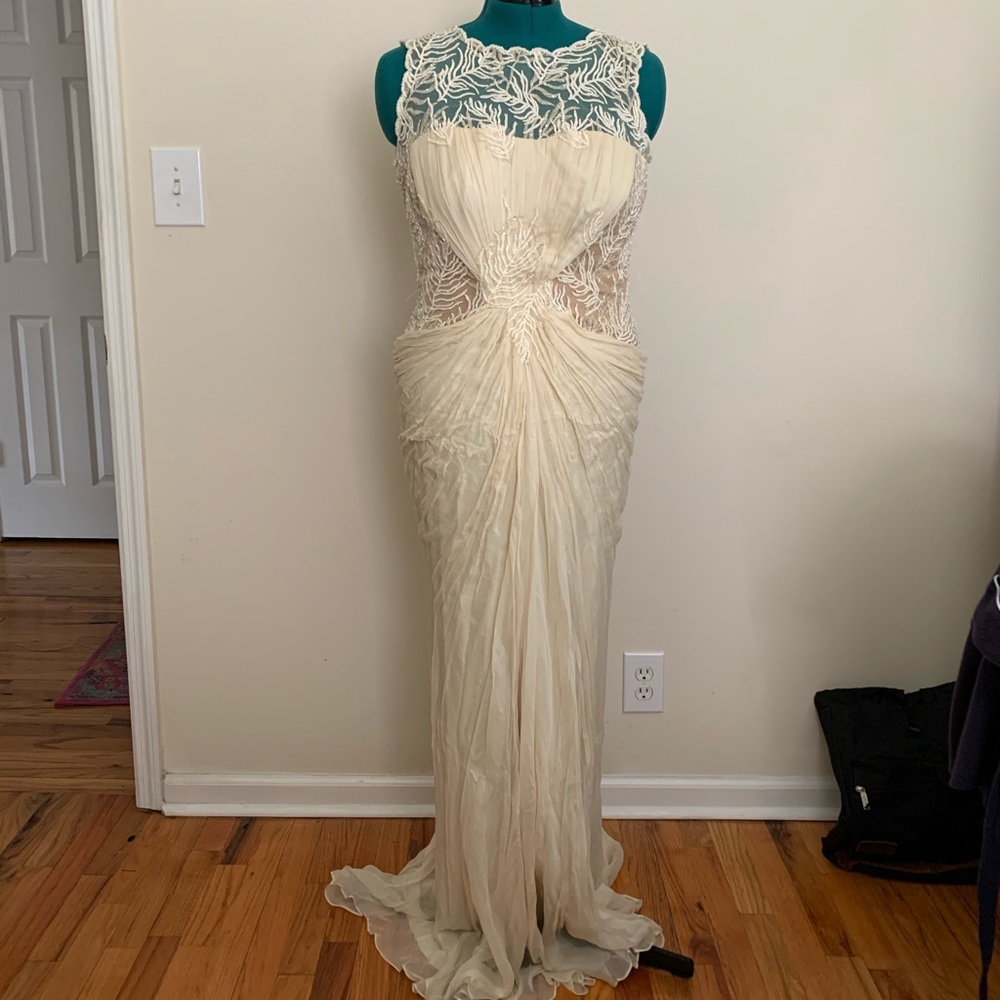 Cream Beaded Crinkle Chiffon Wedding/Formal Gown
